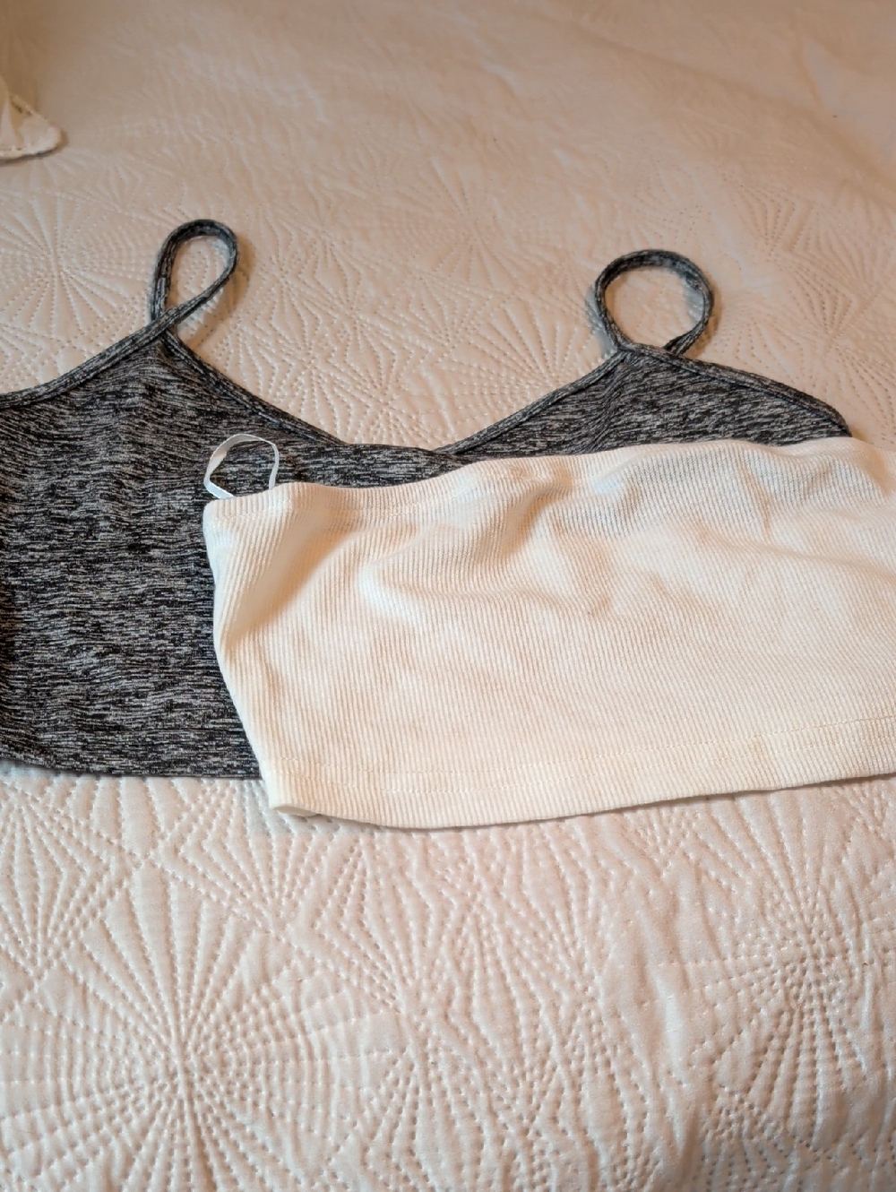 Set of Two Ribbed & Heather Bralettes - White and Charcoal